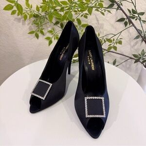 Authentic Saint Laurent Black Frankly 115 Satin Peep Pump Sandals Size 38.5 NIB